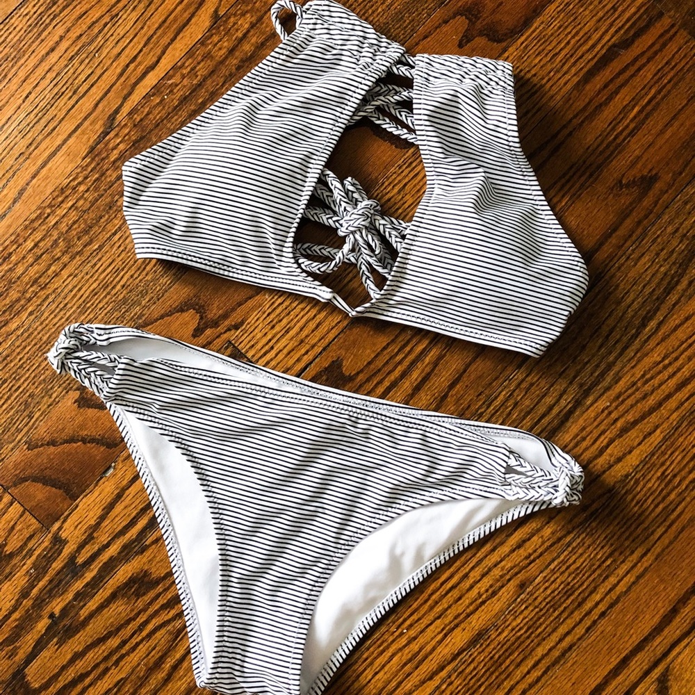 striped bikini with cross ties in back